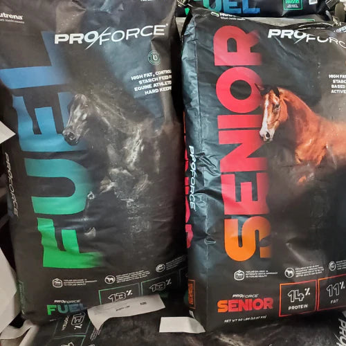 Bags of ProForce horse feed labeled 