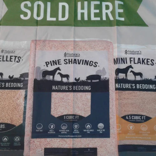 Banner displaying three types of animal bedding: Pellets, Pine Shavings, and Mini Flakes. Includes animal silhouettes and 