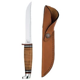 Hunter Knife, With Leather Handle & Sheath, 5-In. Swept Skinner Stainless Steel Blade, 9-1/2-In. Overall Length